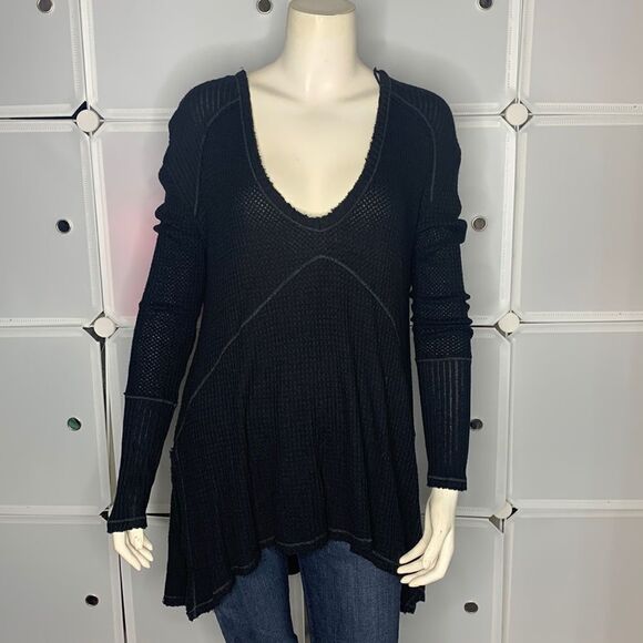 Free People Black Drippy Thermal Sunset Park Top Size Small - Picture 3 of 12